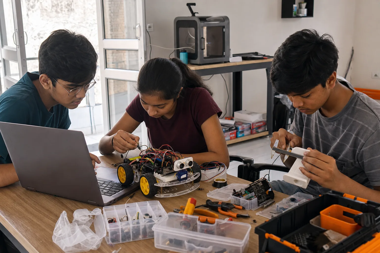 Illustrative view of students developing a robotics project with guidance